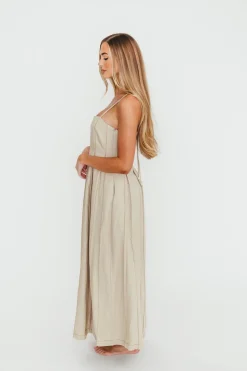 New Worth Collective Mei Linen Stitch Maxi Dress in Khaki