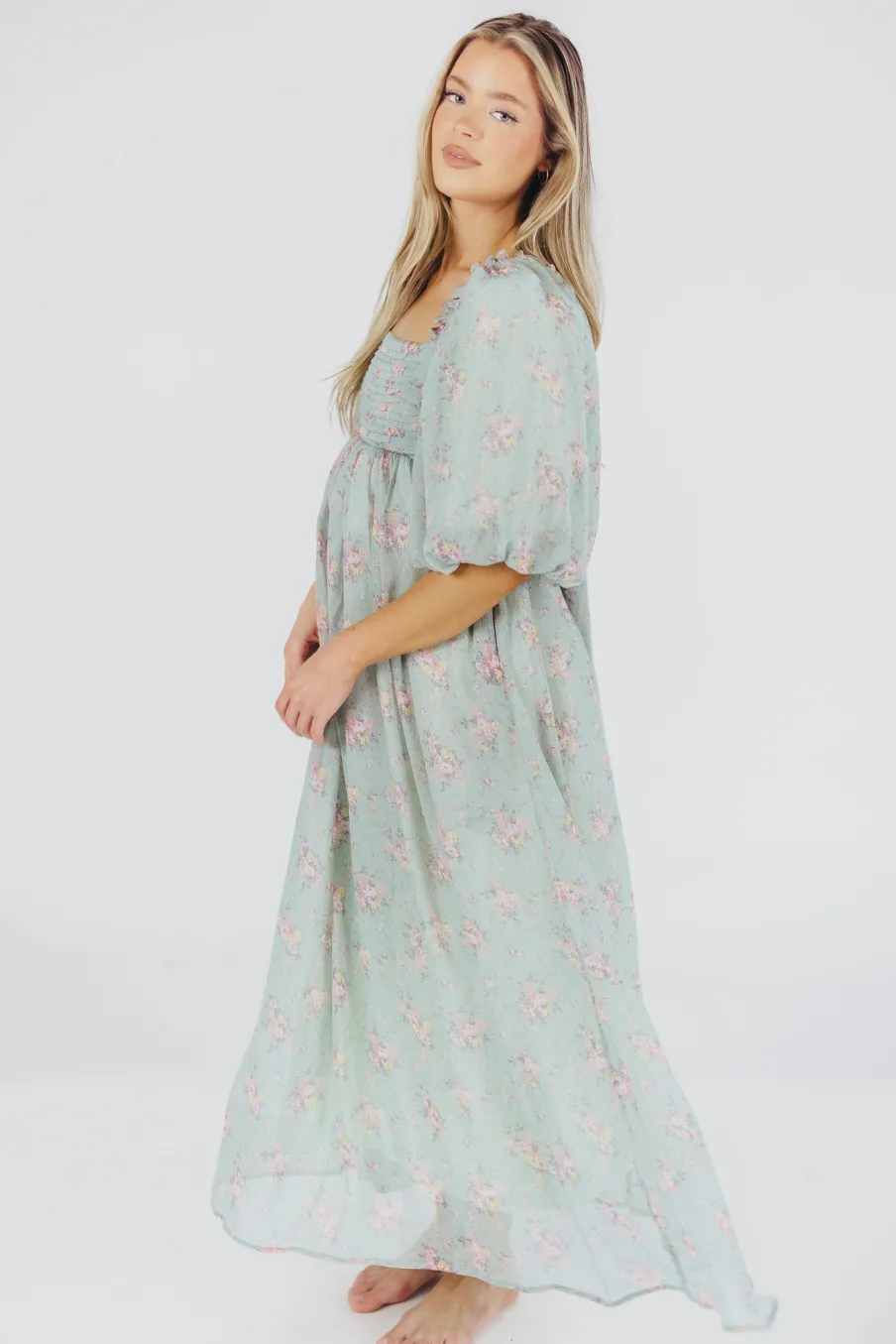 Clearance Worth Collective Melody Maxi Dress in Turquoise Floral - Bump Friendly & Inclusive Sizi