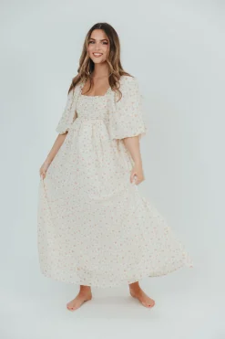 Best Worth Collective Melody Maxi Dress with Pleats and Bow Detail in Ivory Floral- Bump Fri