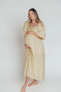 Sale Worth Collective Melody Maxi Dress with Pleats and Bow Detail in Yellow Floral - Bump F