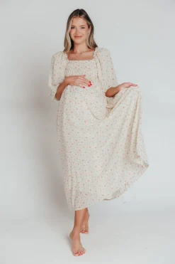 Best Worth Collective Melody Maxi Dress with Pleats and Bow Detail in Ivory Floral- Bump Fri