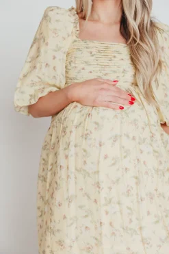 Sale Worth Collective Melody Maxi Dress with Pleats and Bow Detail in Yellow Floral - Bump F