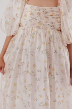Hot Worth Collective Melody Maxi Dress with Pleats and Bow Detail in Yellow Rose Floral - B
