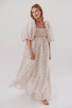 Hot Worth Collective Melody Maxi Dress with Pleats and Bow Detail in Yellow Rose Floral - B