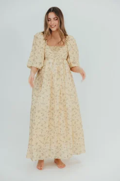 Sale Worth Collective Melody Maxi Dress with Pleats and Bow Detail in Yellow Floral - Bump F