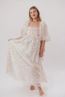Hot Worth Collective Melody Maxi Dress with Pleats and Bow Detail in Yellow Rose Floral - B
