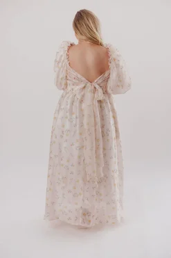 Hot Worth Collective Melody Maxi Dress with Pleats and Bow Detail in Yellow Rose Floral - B