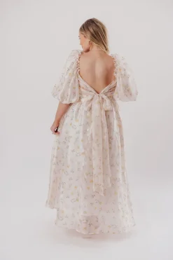 Hot Worth Collective Melody Maxi Dress with Pleats and Bow Detail in Yellow Rose Floral - B