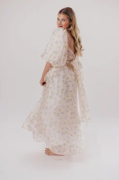 Hot Worth Collective Melody Maxi Dress with Pleats and Bow Detail in Yellow Rose Floral - B
