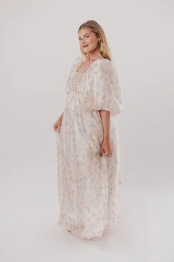 Hot Worth Collective Melody Maxi Dress with Pleats and Bow Detail in Yellow Rose Floral - B