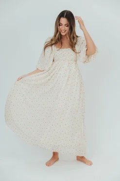 Best Worth Collective Melody Maxi Dress with Pleats and Bow Detail in Ivory Floral- Bump Fri