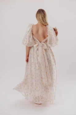 Hot Worth Collective Melody Maxi Dress with Pleats and Bow Detail in Yellow Rose Floral - B