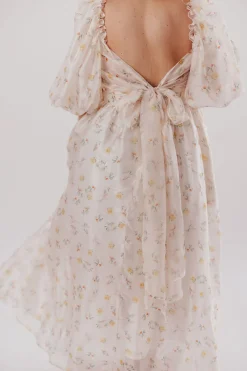 Hot Worth Collective Melody Maxi Dress with Pleats and Bow Detail in Yellow Rose Floral - B
