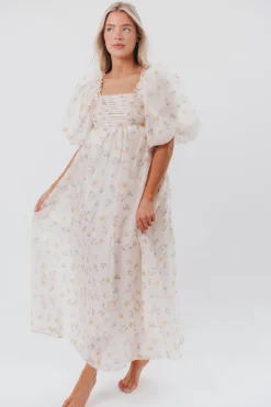 Hot Worth Collective Melody Maxi Dress with Pleats and Bow Detail in Yellow Rose Floral - B