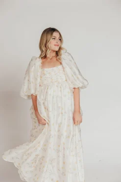 Hot Worth Collective Melody Maxi Dress with Pleats and Bow Detail in Yellow Rose Floral - B