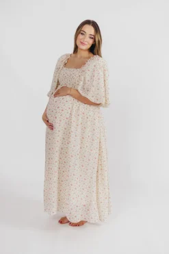 Best Worth Collective Melody Maxi Dress with Pleats and Bow Detail in Ivory Floral- Bump Fri