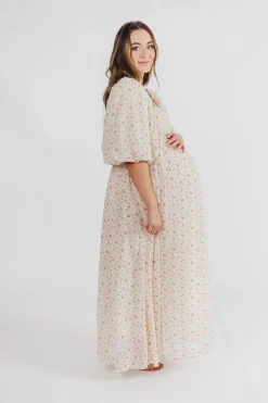 Best Worth Collective Melody Maxi Dress with Pleats and Bow Detail in Ivory Floral- Bump Fri