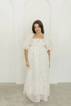 Hot Worth Collective Melody Maxi Dress with Pleats and Bow Detail in Yellow Rose Floral - B
