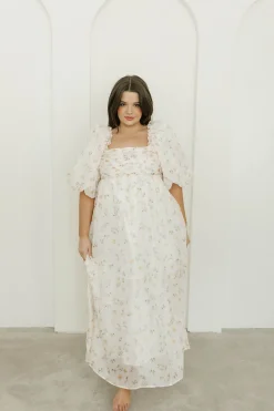Hot Worth Collective Melody Maxi Dress with Pleats and Bow Detail in Yellow Rose Floral - B