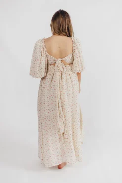 Best Worth Collective Melody Maxi Dress with Pleats and Bow Detail in Ivory Floral- Bump Fri