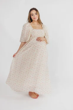 Best Worth Collective Melody Maxi Dress with Pleats and Bow Detail in Ivory Floral- Bump Fri