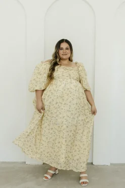 Sale Worth Collective Melody Maxi Dress with Pleats and Bow Detail in Yellow Floral - Bump F