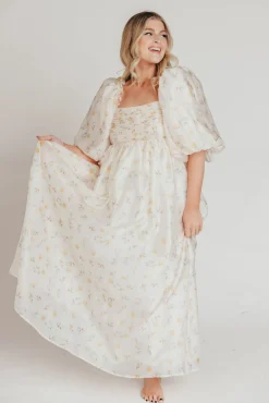 Hot Worth Collective Melody Maxi Dress with Pleats and Bow Detail in Yellow Rose Floral - B