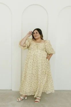 Sale Worth Collective Melody Maxi Dress with Pleats and Bow Detail in Yellow Floral - Bump F