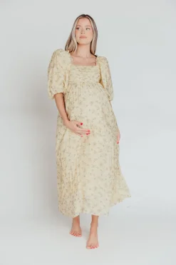 Sale Worth Collective Melody Maxi Dress with Pleats and Bow Detail in Yellow Floral - Bump F