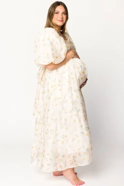 Hot Worth Collective Melody Maxi Dress with Pleats and Bow Detail in Yellow Rose Floral - B
