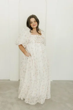 Hot Worth Collective Melody Maxi Dress with Pleats and Bow Detail in Yellow Rose Floral - B