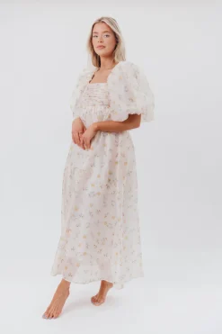 Hot Worth Collective Melody Maxi Dress with Pleats and Bow Detail in Yellow Rose Floral - B