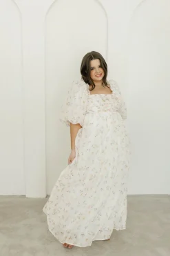 Hot Worth Collective Melody Maxi Dress with Pleats and Bow Detail in Yellow Rose Floral - B