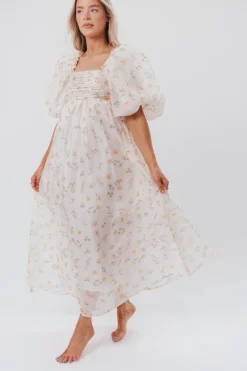 Hot Worth Collective Melody Maxi Dress with Pleats and Bow Detail in Yellow Rose Floral - B