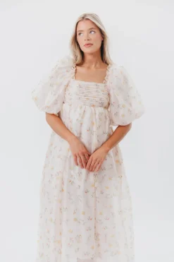 Hot Worth Collective Melody Maxi Dress with Pleats and Bow Detail in Yellow Rose Floral - B