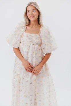 Hot Worth Collective Melody Maxi Dress with Pleats and Bow Detail in Yellow Rose Floral - B