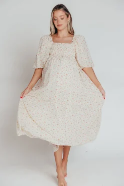 Best Worth Collective Melody Maxi Dress with Pleats and Bow Detail in Ivory Floral- Bump Fri