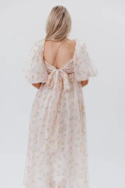 Hot Worth Collective Melody Maxi Dress with Pleats and Bow Detail in Yellow Rose Floral - B