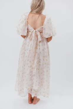 Hot Worth Collective Melody Maxi Dress with Pleats and Bow Detail in Yellow Rose Floral - B