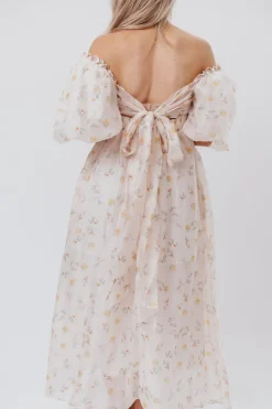 Hot Worth Collective Melody Maxi Dress with Pleats and Bow Detail in Yellow Rose Floral - B
