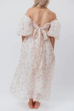 Hot Worth Collective Melody Maxi Dress with Pleats and Bow Detail in Yellow Rose Floral - B