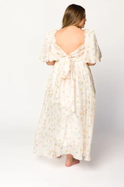 Hot Worth Collective Melody Maxi Dress with Pleats and Bow Detail in Yellow Rose Floral - B