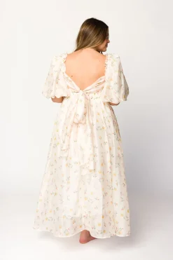 Hot Worth Collective Melody Maxi Dress with Pleats and Bow Detail in Yellow Rose Floral - B