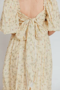 Sale Worth Collective Melody Maxi Dress with Pleats and Bow Detail in Yellow Floral - Bump F