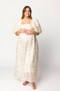 Hot Worth Collective Melody Maxi Dress with Pleats and Bow Detail in Yellow Rose Floral - B