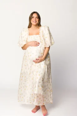 Hot Worth Collective Melody Maxi Dress with Pleats and Bow Detail in Yellow Rose Floral - B