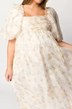 Hot Worth Collective Melody Maxi Dress with Pleats and Bow Detail in Yellow Rose Floral - B