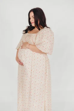 Best Worth Collective Melody Maxi Dress with Pleats and Bow Detail in Ivory Floral- Bump Fri