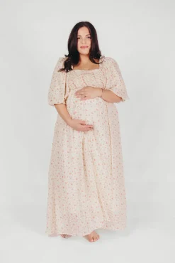 Best Worth Collective Melody Maxi Dress with Pleats and Bow Detail in Ivory Floral- Bump Fri