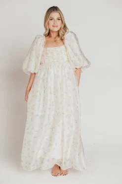 Hot Worth Collective Melody Maxi Dress with Pleats and Bow Detail in Yellow Rose Floral - B
